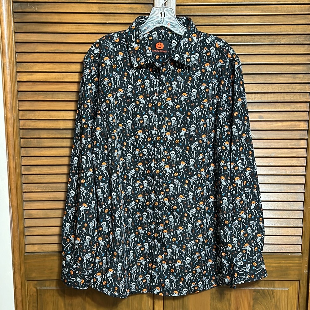 Simon Banks Limited Edition Skeletons & Pumpkins Men' Halloween Shirt Size M